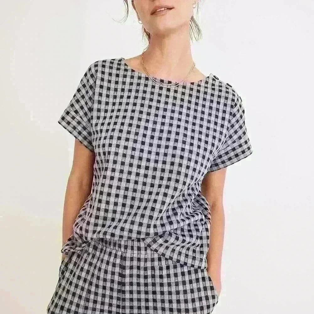 Madewell Gingham Knit Seersucker Button-Shoulder Top